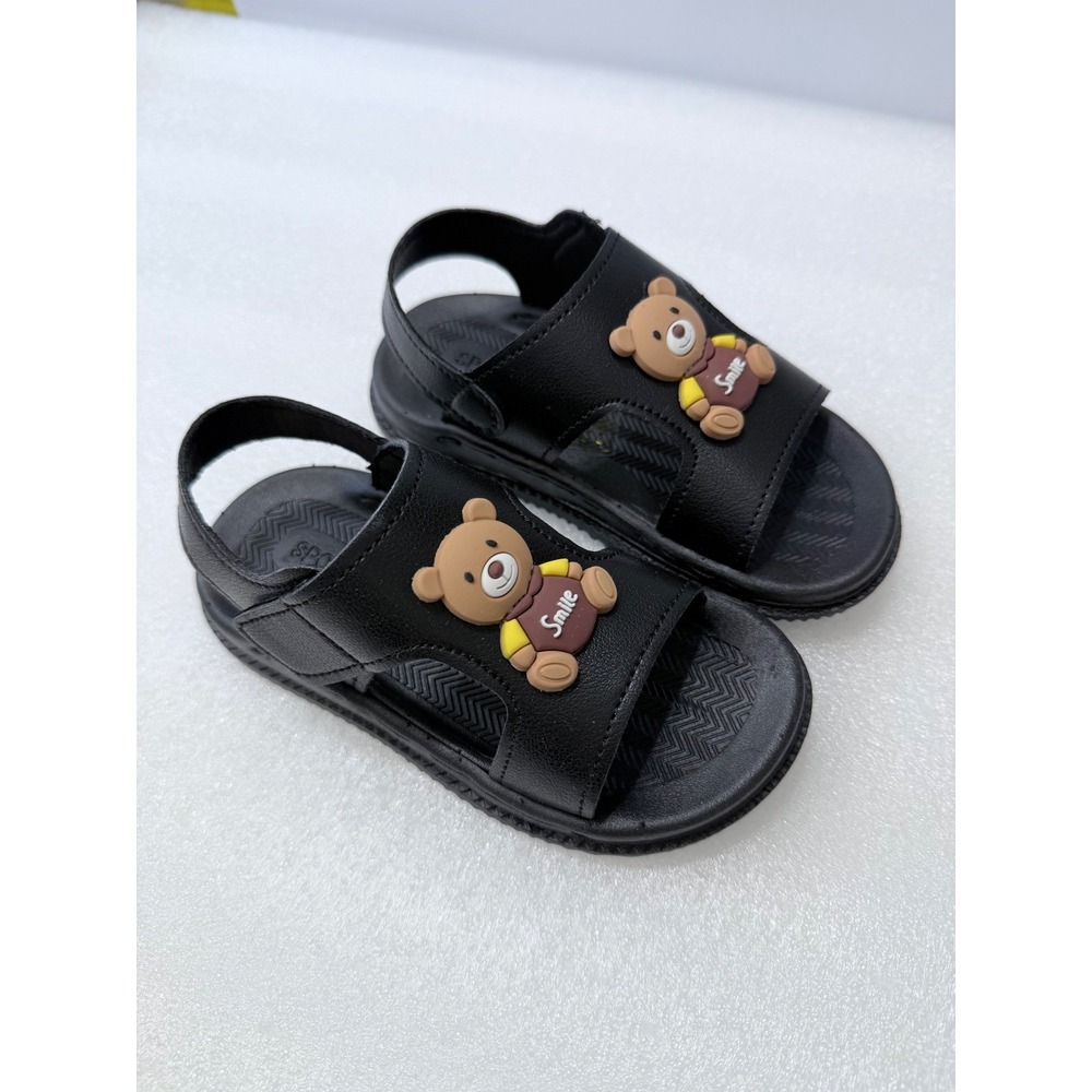 NIB Kids Black Teddy Bear Smile Sandals Hook Loop Closure Sz 7 Toddler - Picture 5 of 10